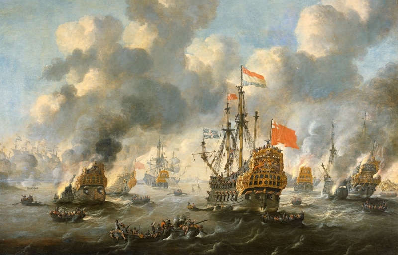 picture, ship, 1080P, oil, Peter van de Velde, Tree, sail, battle, The burning of the English Fleet in Chatham