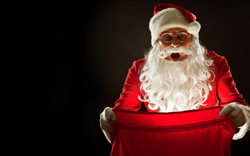 santa claus, 2K, black, black background, claus, bag, person, santa, background, surprise, christmas