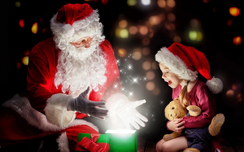 costume, box, red, toy, claus, santa, dressing up, illuminated, santa hat, holiday, indoors, christmas decoration, christmas, digital, two people, Baby
