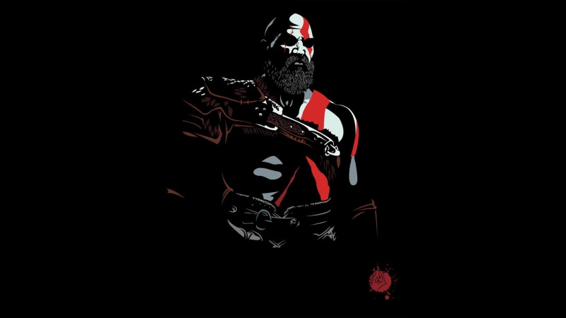 black, Video Game Art, 1080P, game poster, Fantasy Men, red, God of War, black background, video games, simple background, warrior, beards