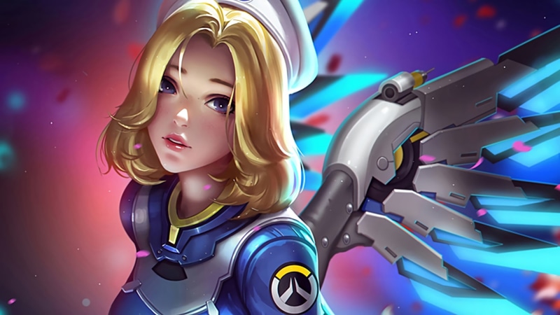 artwork, Mercy (Overwatch), Combat Medic Ziegler, Liang-Xing, blue eyes, blonde, wings, 1080P, Overwatch, digital art, women, video games