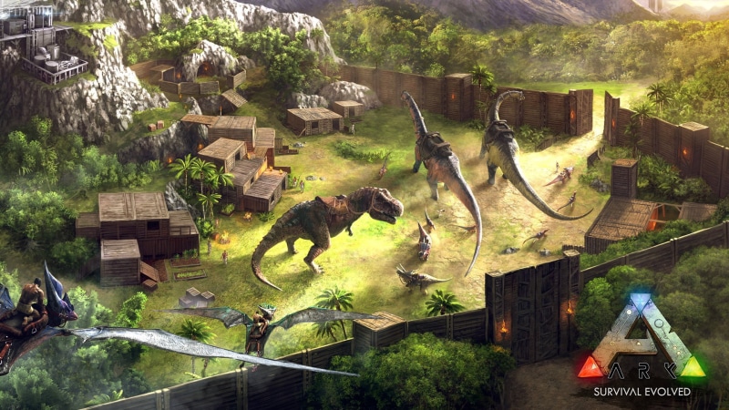 1080P, base advanced base, arms, spear, forest, prehistoric animals, ARK Survival Evolved, base operations, portal, dinosaurs, gate, blades