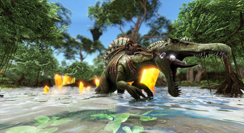 plant, animal wildlife, sculpture, spinosaurus, day, water, Ark: Survival Evolved, outdoors, ark, statue, art and craft, mammal, video games, reflection