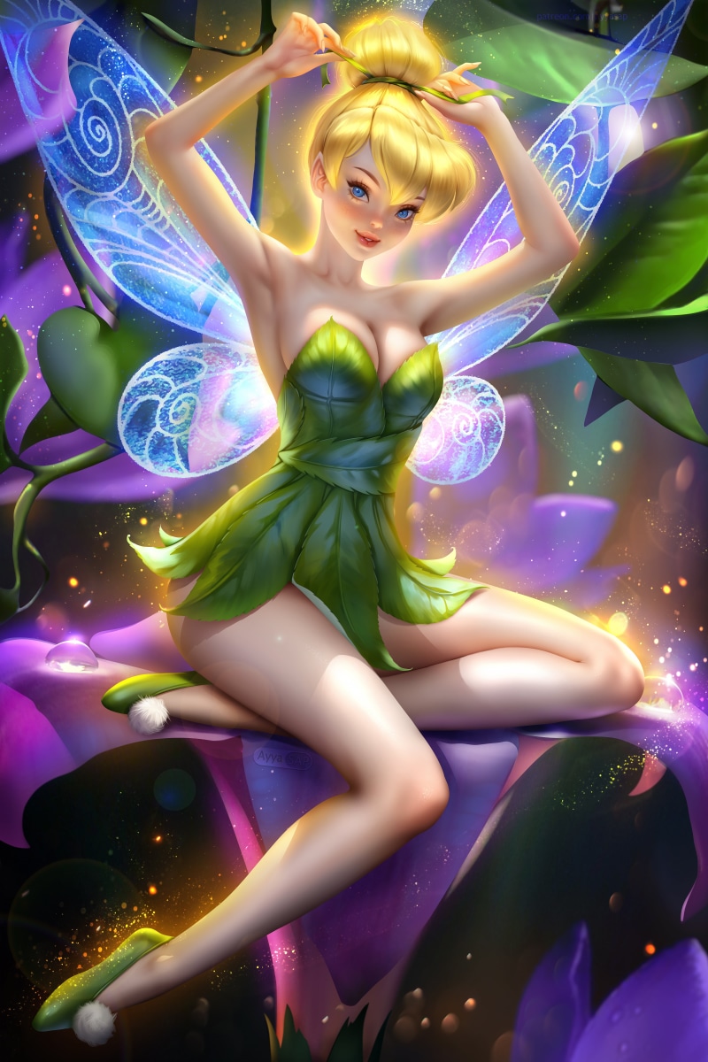 freckles, illustration, looking at viewer, digital art, portrait display, AyyaSAP, bare shoulders, vertical, Tinkerbell, fairies, smiling, hairbun, Peter Pan