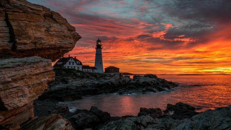 shore, rock, coast, sky, beacon, portland head lighthouse, united states, promontory, sea, dawn, portland lighthouse, tower, cape elizabeth, morning, portland head light