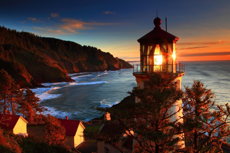 oregon, autumn, cool, sunrise, ocean, coast, landscape, 1080P, sea, lighthouse, sunset, architecture