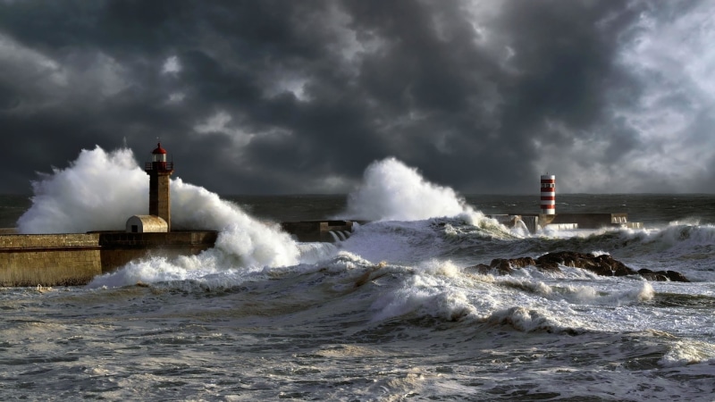 1080P, lighthouse, waves, clouds, rock, pier, storm, horizon, landscape, water, sea, nature, coast