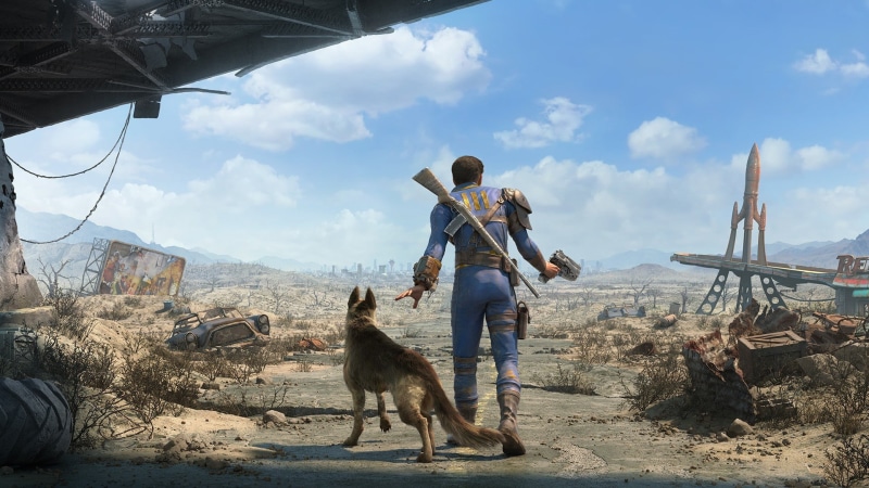 mammal, Fallout, vertebrate, full length, game, canine, one animal, Fallout 4, german, tan, casual clothing, outdoors, cloud - sky, domestic animals, pets