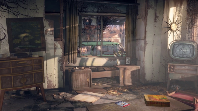 old, table, antique, cabinet, window, damaged, opened, seat, crt, Fallout 4, furniture, Fallout, abandoned, dirty, no people, domestic room