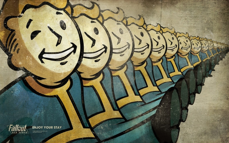 poster, shirt, men, video games, people, boys, wearing, game, PC gaming, illustration, drains, machinery, pop Art, business, blue, 1080P, Fallout: New Vegas