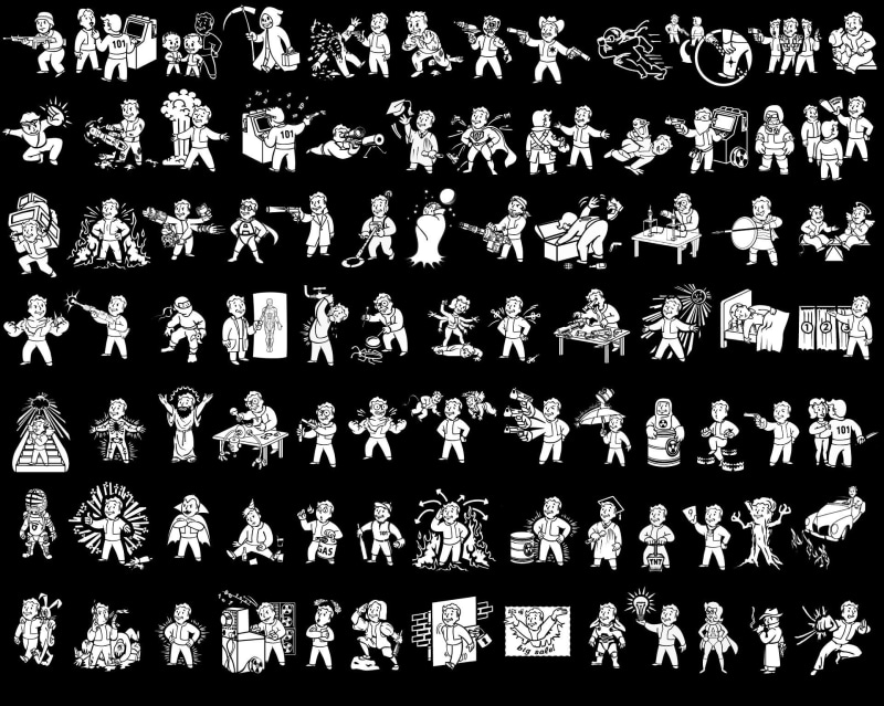 pattern, order, features, vault, design, indoors, vector, computer Graphic, side by side, Fallout, people, skills, silhouette, illustration, 1080P, close-up