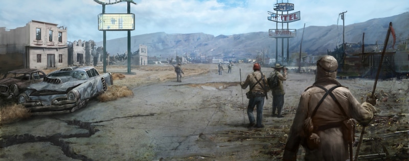 new vegas, digital, day, street, city, fallout new vegas concept art, fallout new vega game, mode of transportation, armed forces, new, uniform, 5K, architecture