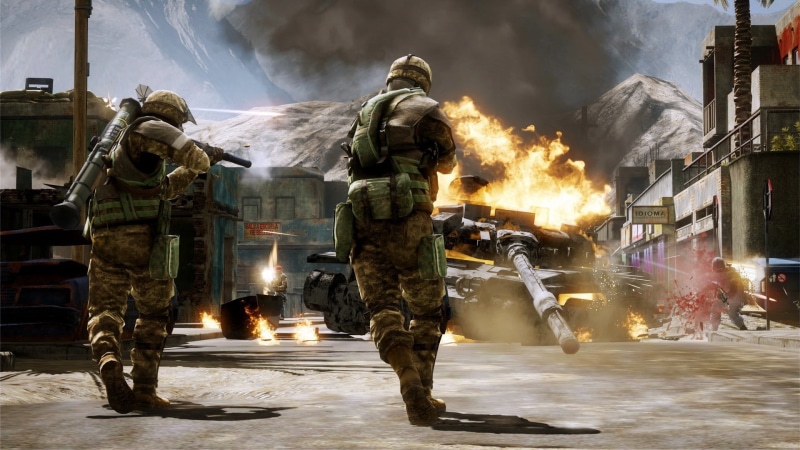 building exterior, smoke - physical structure, military, outdoors, burning, flame, tank, built structure, uniform, screenshot, architecture, Battlefield