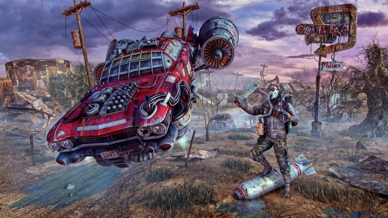 outdoors, plant, transportation, red, day, incidental people, land, 2K, mode of transportation, scenics - nature, Fallout 4, apocalyptic, Bethesda Softworks