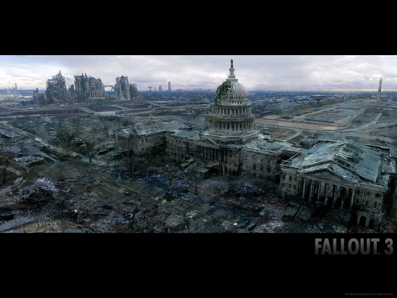 transfer print, building exterior, dome, place of worship, skyscraper, Fallout 3, day, outdoors, architecture, cityscape, city, sky, nature, tourism, 720P