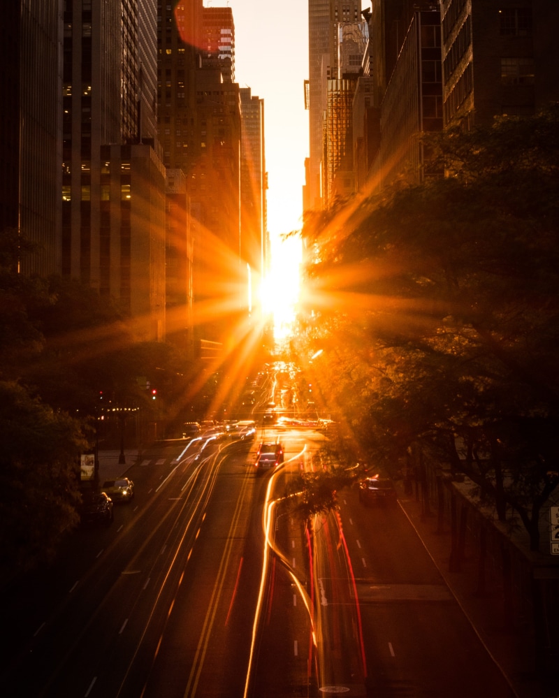 nature, street, skyscraper, sunset, city, sky, sunlight, lens flare, light burst, building, transportation, nyc, motor vehicle, city street, manhattanhenge