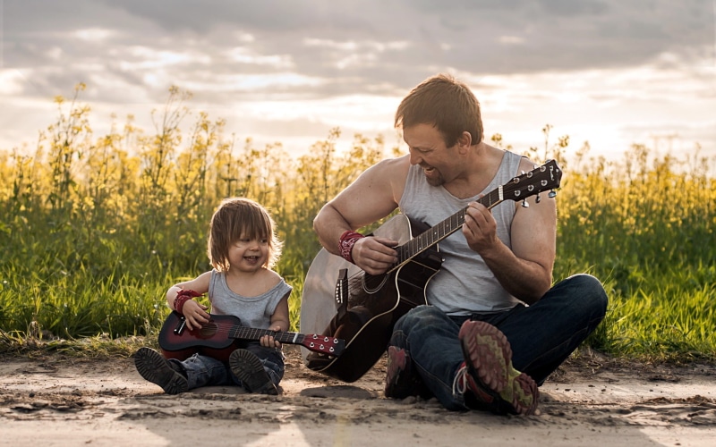 family, nature, cute, full length, musical Instrument, playful, day, acoustic, string Instrument, love, happiness, sunlight, childhood, cheerful, two People