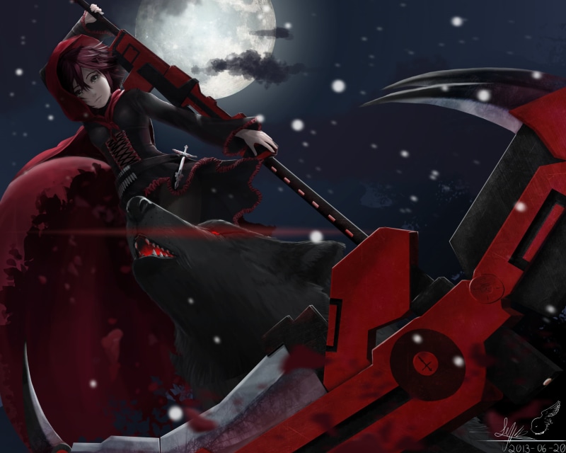 sky, anime, music, weapon, wolf, focus on foreground, nature, Ruby Rose (character), event, close-up, stage - performance space, 1080P, Crescent Rose