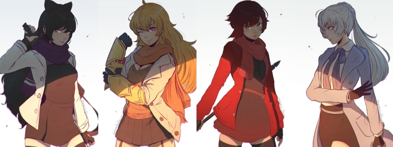 Rwby Rose, women, indoors, group of people, studio shot, fashion, white background, Blake Belladonna, three quarter length, panoramic, females, adult, in a row