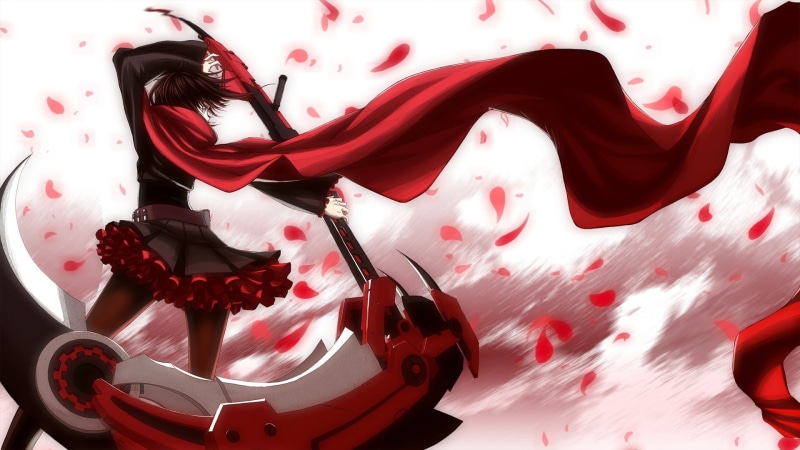 long hair, human limb, adult, Ruby Rose (character), anime girls, indoors, one person, hair, females, studio shot, RWBY, beauty, red, anime, fashion, scythe