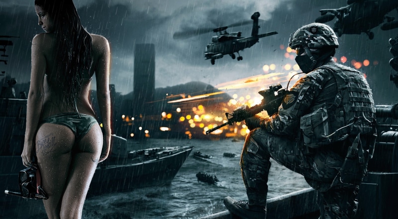 water, people, architecture, mode of transportation, conflict, adult, fighting, war, armed forces, nature, game, Battlefield, gun, day, standing