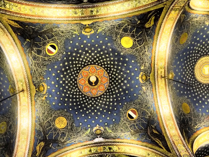 temple, christianity, mosaic, backgrounds, basilica, decoration, yellow, close-up, directly below, ceiling, electric lamp, shape, circle, building, ornate