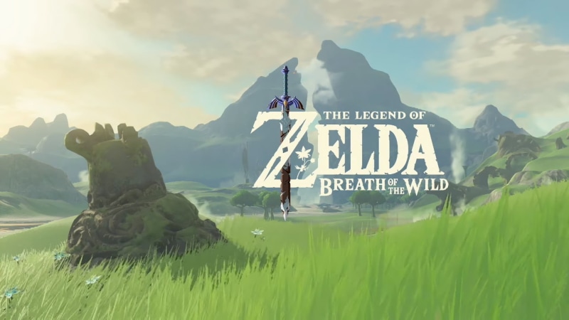 grass, green color, day, outdoors, non-urban scene, mountain range, video games, zelda, environment, tranquil scene, mountain peak, western script, plant