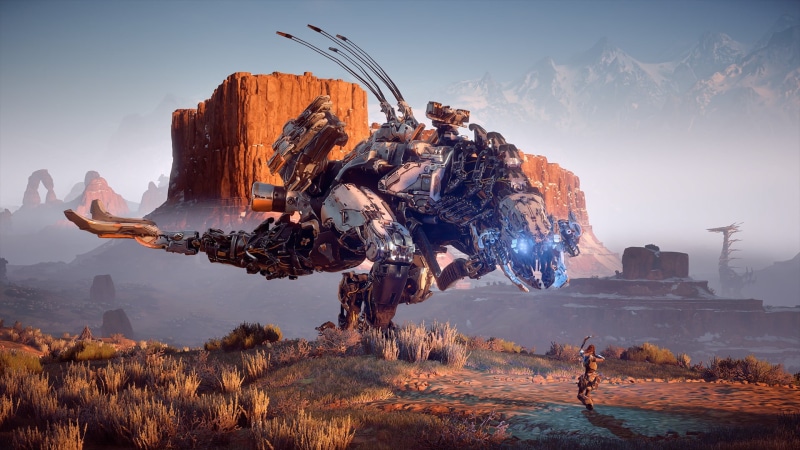 rock formation, solid, building exterior, Horizon: Zero Dawn, communication, Thunderjaw, rock, technology, sky, outdoors, beauty in nature, one person