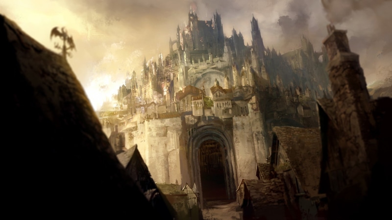 architecture, abbey, travel destinations, castle, spirituality, belief, place of worship, outdoors, sky, cloud - sky, religion, concept art, anime, built structure