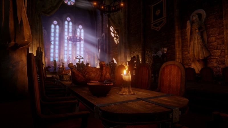 1080P, praying, built structure, seat, video games, Dragon Age Inquisition, night, architecture, altar, illuminated, Dragon Age, dark, brown, table, religion