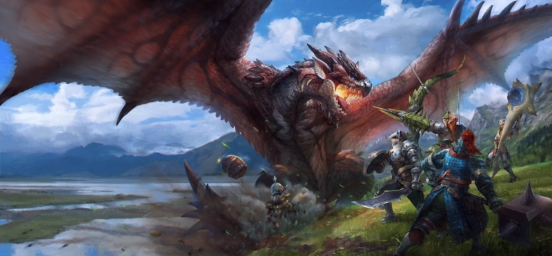 Video Game, Warrior, animal, Dragon, landscape, scenics - nature, cloud - sky, rock, geology, mountain, land, physical geography, beauty in nature, Monster Hunter