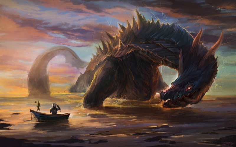 dragon, Lagiacrus, fantasy art, knight, drawing, Monster Hunter, artwork, 1080P