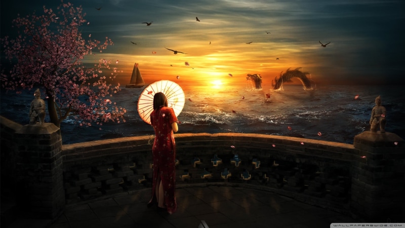 sky, arms raised, Cheongsam, motion, sea monsters, human arm, architecture, fantasy art, holding, full length, built structure, oil, one person, nature