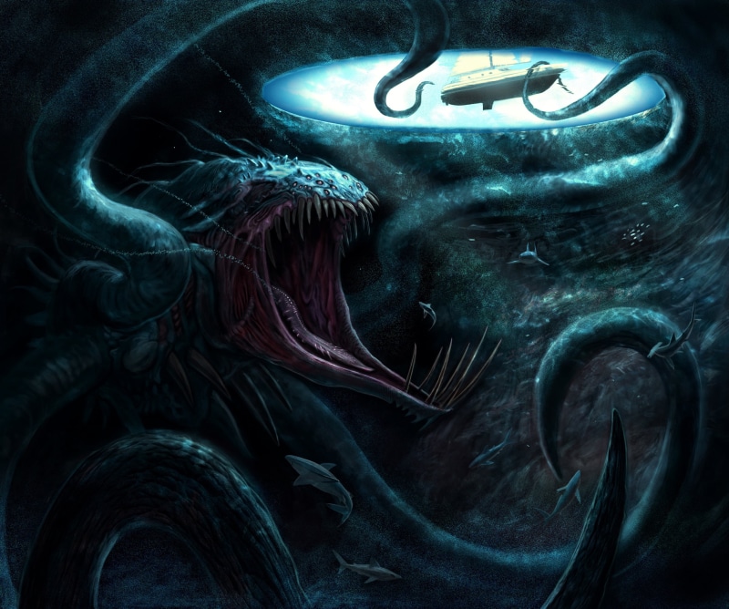 metal, boat, fantasy, sea, kraken, no people, nature, sea monster, abstract, indoors, jellyfish, undersea, illustration, Blue Hole, tank, tentacles, monster