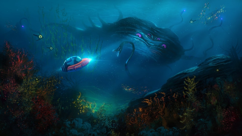fish, water, coral, fantasy art, colorful, sea monsters, lights, 1080P, video games, Video Game Art, subnautica, fan art, submarine, underwater, plants