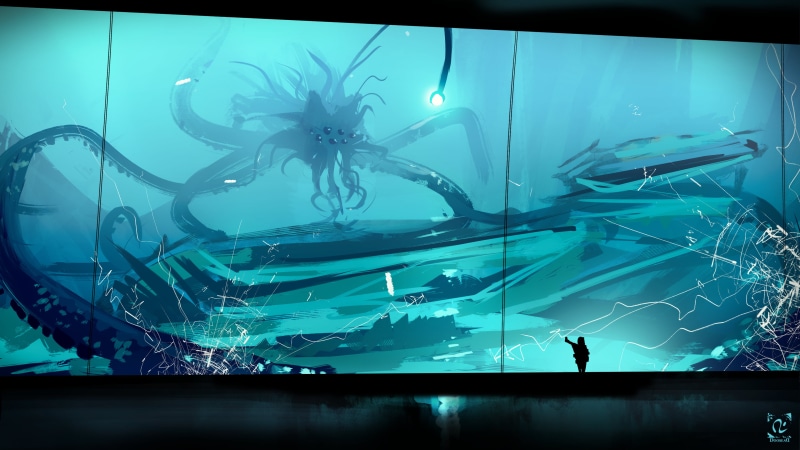 big, aquarium, illuminated, transparent, underwater, tank, animal wildlife, glass, water, marine, people, inside, swimming, person, indoors