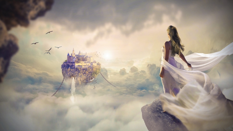 people, black, outdoors, nature, standing, dress, adult, castle, beautiful, tranquility, sunlight, 4K, fantasy, newlywed, clouds, digital composite, landscape