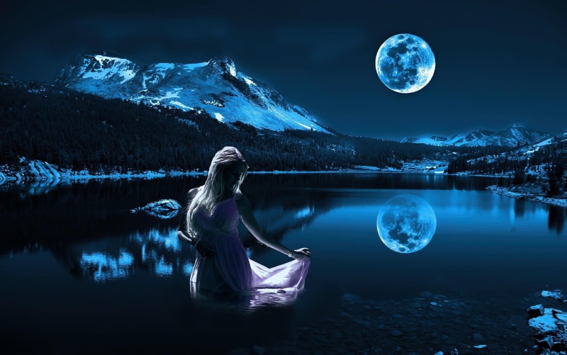 night, women, young adult, mountain, outdoors, lake, dreamlike, reflection, fantasy art, moon, one person, water, beauty in nature, tranquility, astronomy