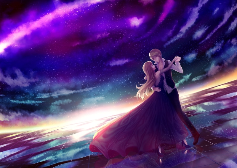 romance, anime couple, dress, astronomy, Anime, star - space, women, digital composite, cloud - sky, space, angel, dancing, night, art and craft, purple