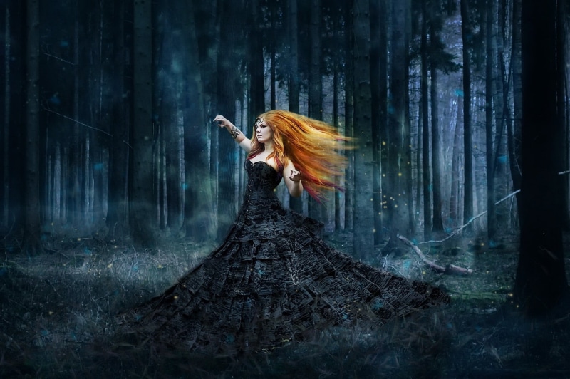 one person, young adult, fantasy, haired, female, dress, character, redhead, mystery, woodland, tree, hairstyle, beautiful woman, motion, nature, women
