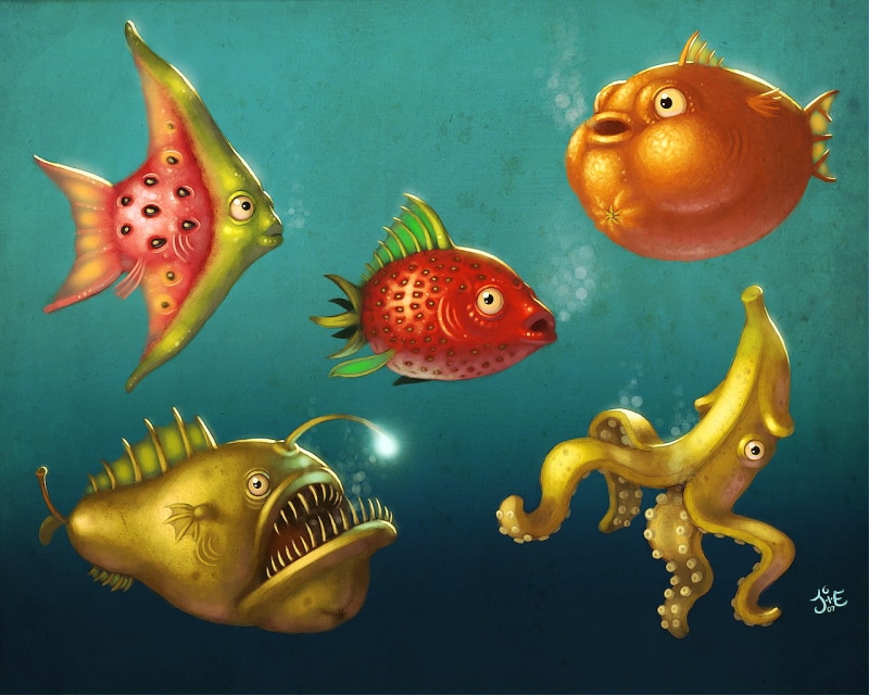Anglerfish, fruit, 720P, bananas, animals, orange (fruit), fish, water, pears, food, underwater, strawberries, watermelons, squids