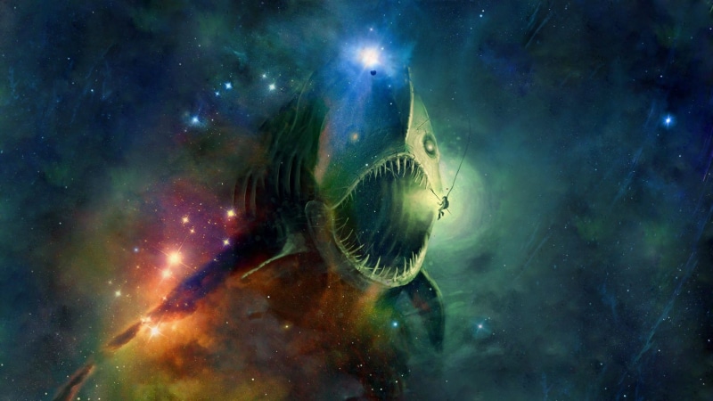 deep sea, digital art, Anglerfish, 1080P, fish, space, horror, sea