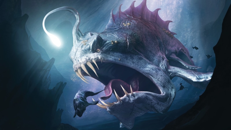 swimming, sea, 2K, no people, mouth open, digital art creature sea monsters underwater fish fangs lights deep sea prehistoric tongues muzzles 3d artwork anglerfish