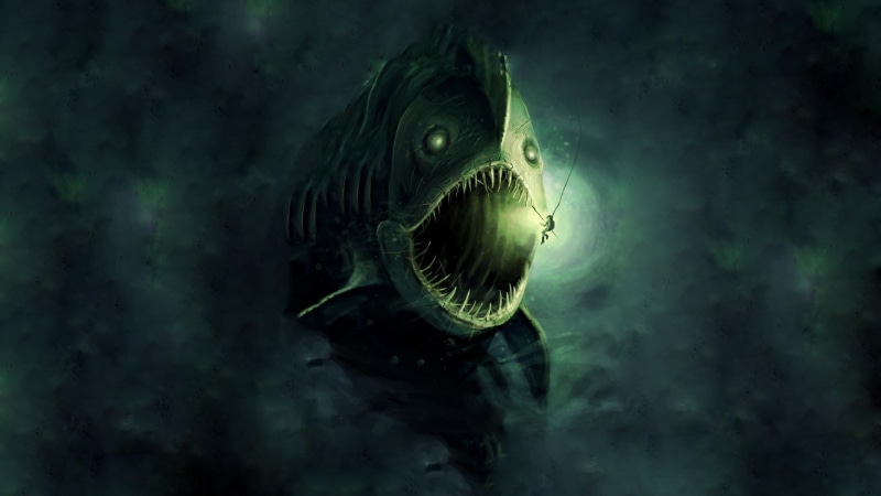 Lights, Anglerfish, underwater, Divers, Open Mouth, fangs, Harpoons, Sea Monsters, painting, Deep Sea, digital art, 1080P, fish