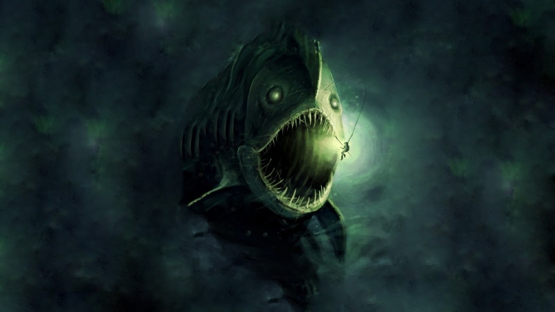 underwater, dark, fantasy art, artwork, digital, ocean battle, fish, painting, deep sea, sea monsters, swimming, open mouth, drawing, water, digital painting