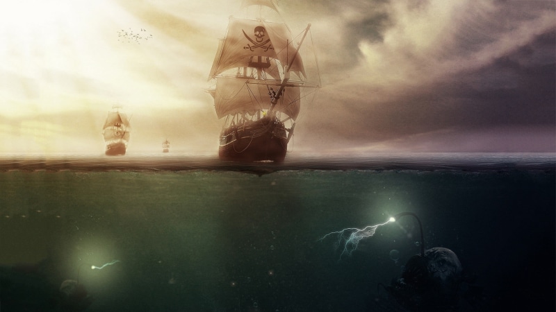 Anglerfish, bubbles, Sailing Ship, sea, clouds, Lightning, artwork, underwater, pirates, Sea Monsters, Horizon, 1080P, skull, fantasy Art, Sun Rays