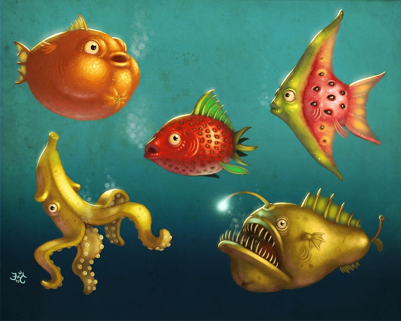 sea life, no people, water, fish, undersea, 720P, multi colored, school of fish, vertebrate, close-up, fish underwater water food fruit strawberries orange fruit bananas watermelons pears anglerfish squids animals