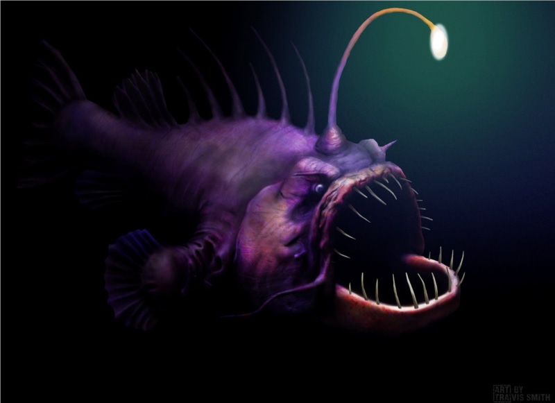 monster, sea, creepy, fish, dark, underwater, ocean, 720P, fangs, anglerfish
