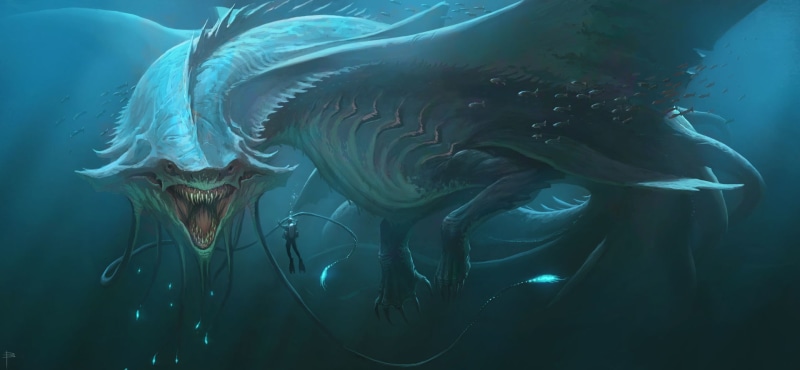 fish, divers, fantasy art, bubbles, digital art, underwater, fangs, sea, tail, men, creature, 1080P, sea monsters