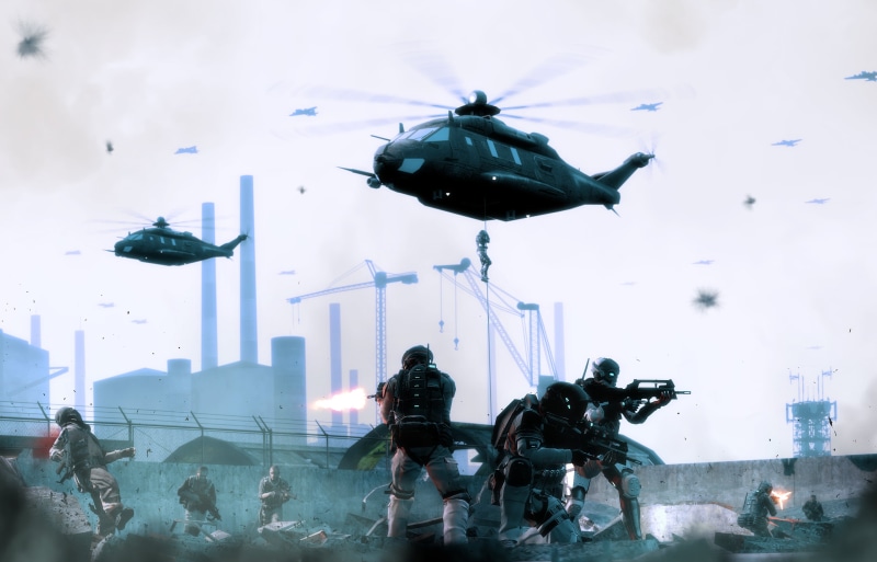 digital, helicopters, arts culture and entertainment, air vehicle, army soldier, group of people, soldiers, motion, video games, sky, day, people